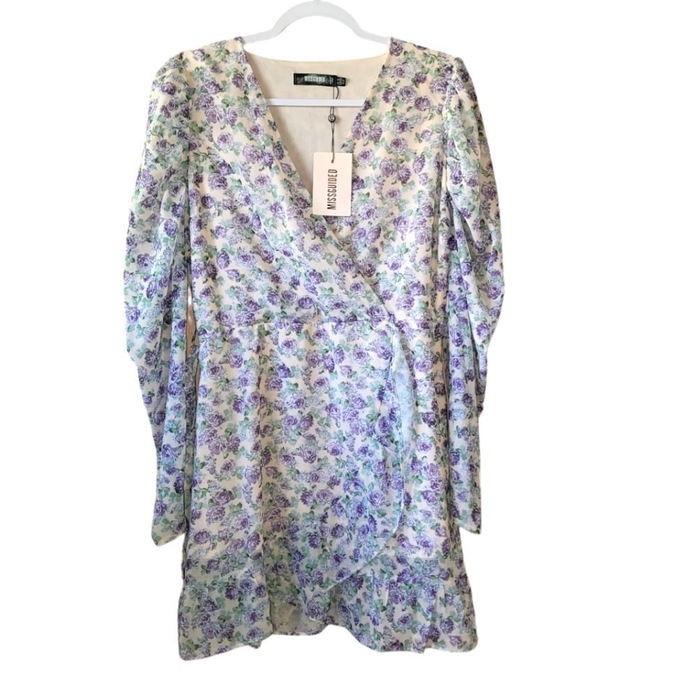 Misguided Puff Long Sleeve Ruffle Hem Floral Tea Belted Dress Womans 8